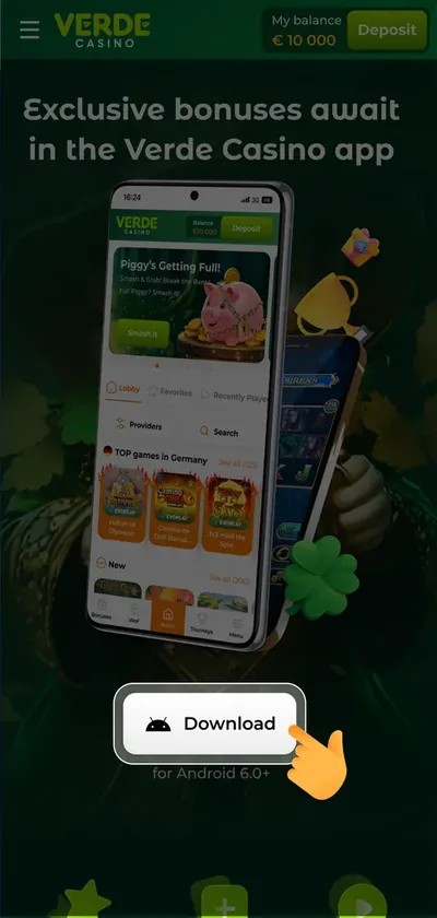 Бутонът за изтегляне на Verde Casino APK за Android