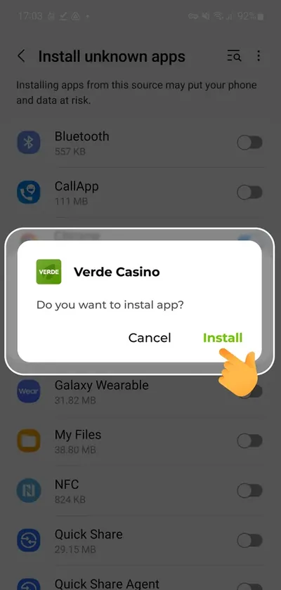 Прозорец за потвърждение на инсталирането на Verde Casino