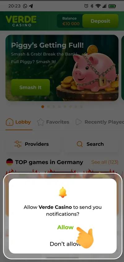 Заявка за известия в приложението Verde Casino за Android
