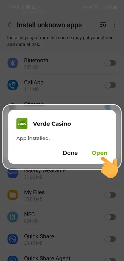 Съобщение, че приложението Verde Casino е инсталирано