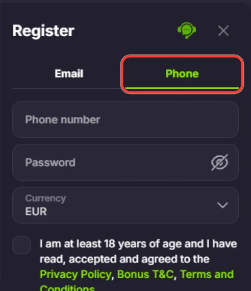 Вкладка Phone във формата за регистрация на Verde Casino